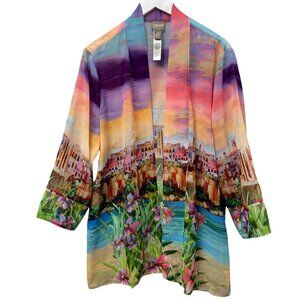 Chicos Chiffon Kimono Jacket XL (Chicos 3) Seaside Sunset Chiffon Artsy Top